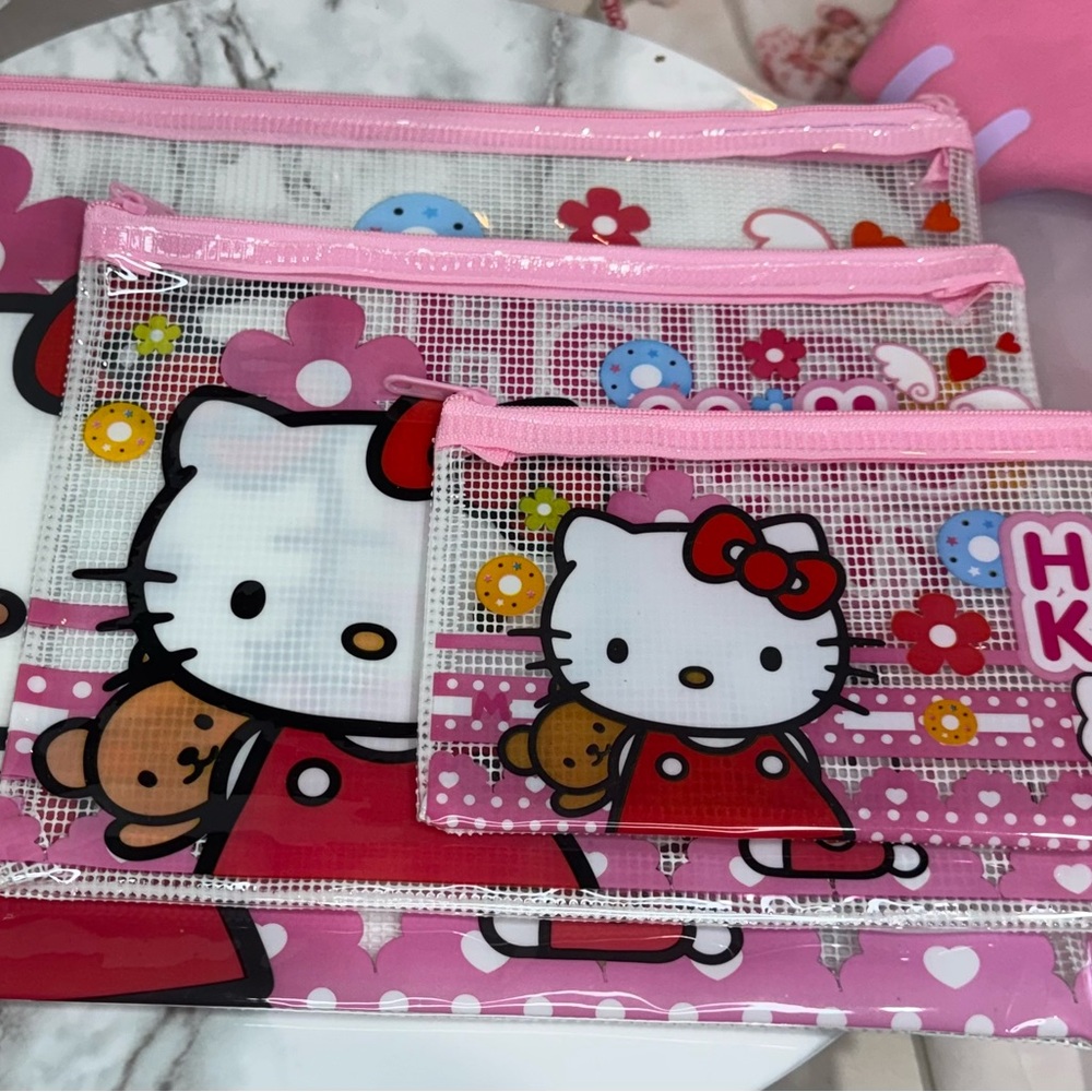 Hello Kitty Colorful 3-Piece Pink Clear and Mesh Toiletry Cosmetic  Bags